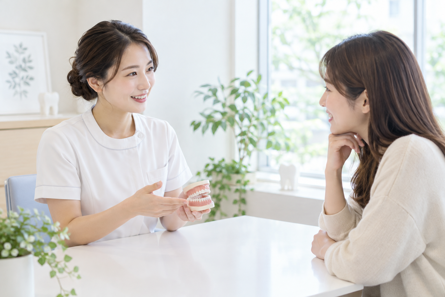 明るい部屋で話を聞く歯科スタッフと相談者のイメージ