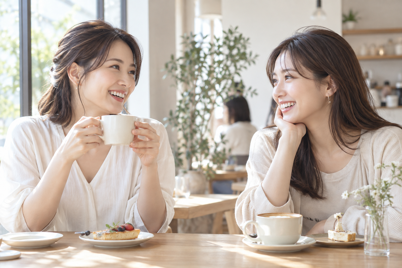 明るいカフェで会話を楽しむ女性たちの日常イメージ